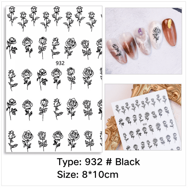1 Sheet of Self-Adhesive Black-and-White Rose Flower Nail Decals VT202313 - Vettsy