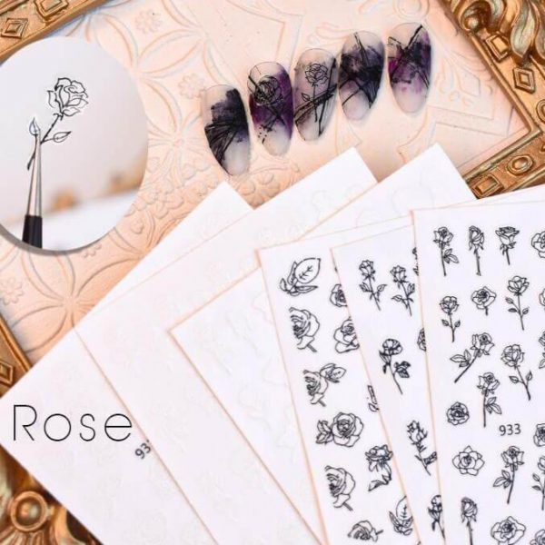 1 Sheet of Self-Adhesive Black-and-White Rose Flower Nail Decals VT202313 - Vettsy